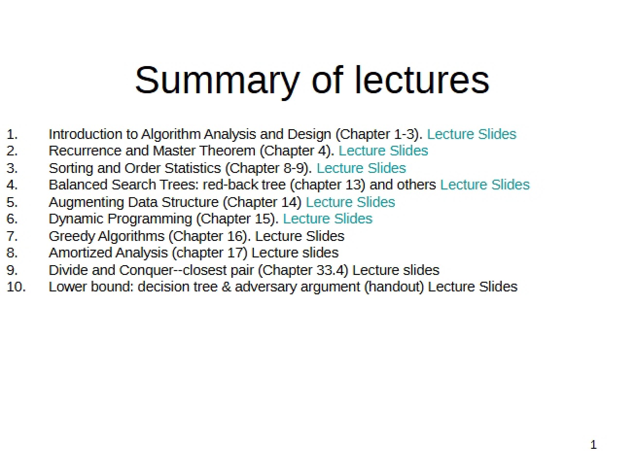 Recap of Course Lectures