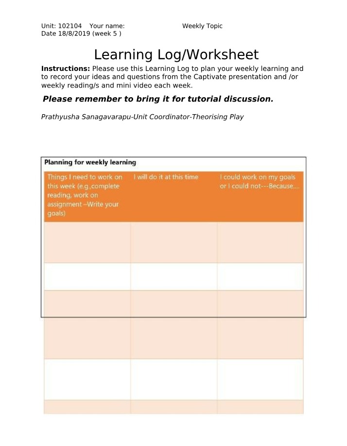 Worksheet for Learning Log