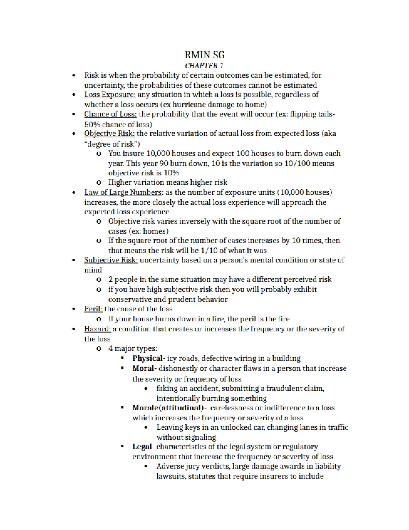 Risk Management Exam One Guide