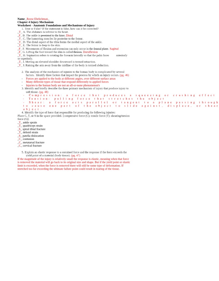 Worksheet on Injury Mechanism