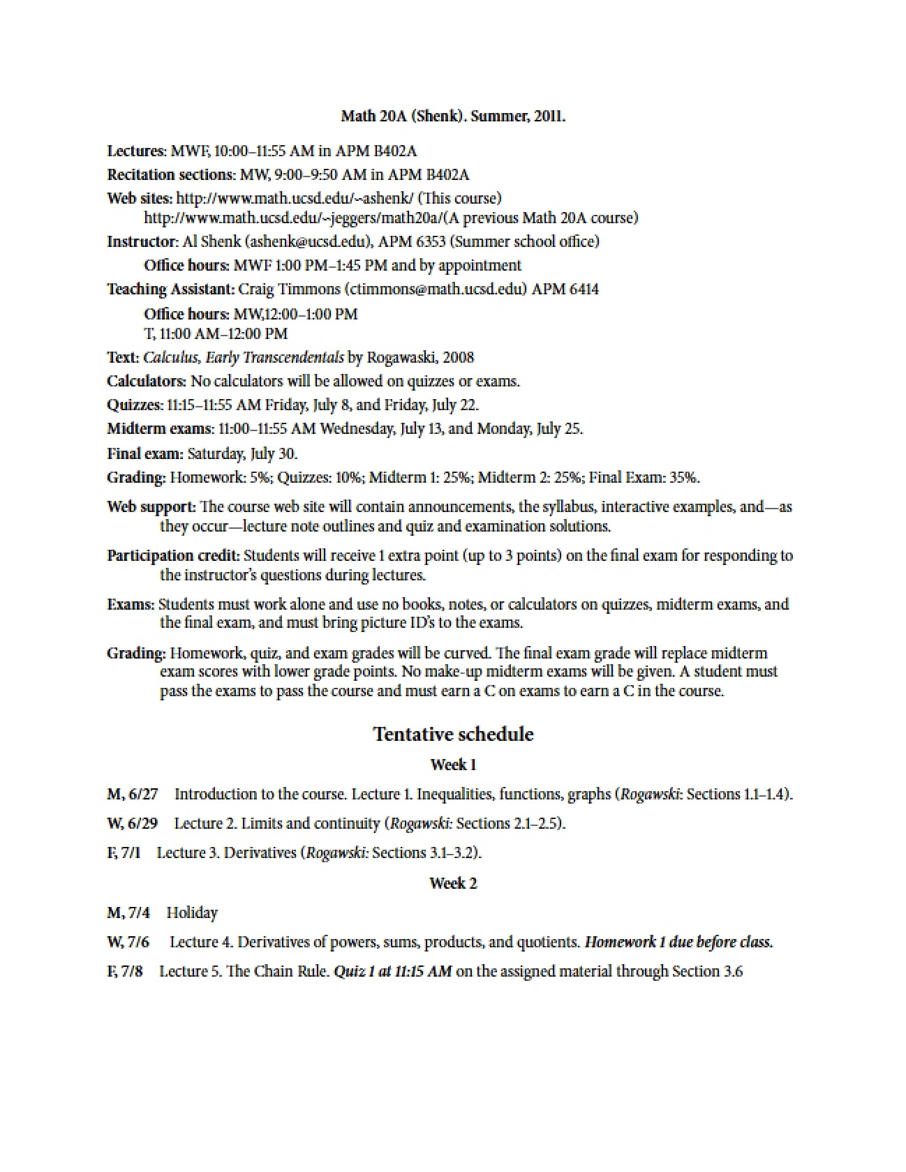 Calculus I Instructional Guidelines