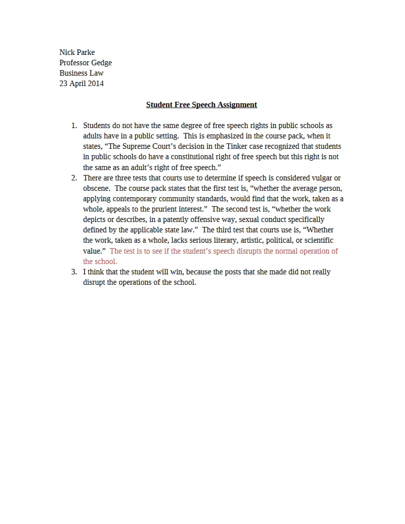 Assignment Free Speech for Students