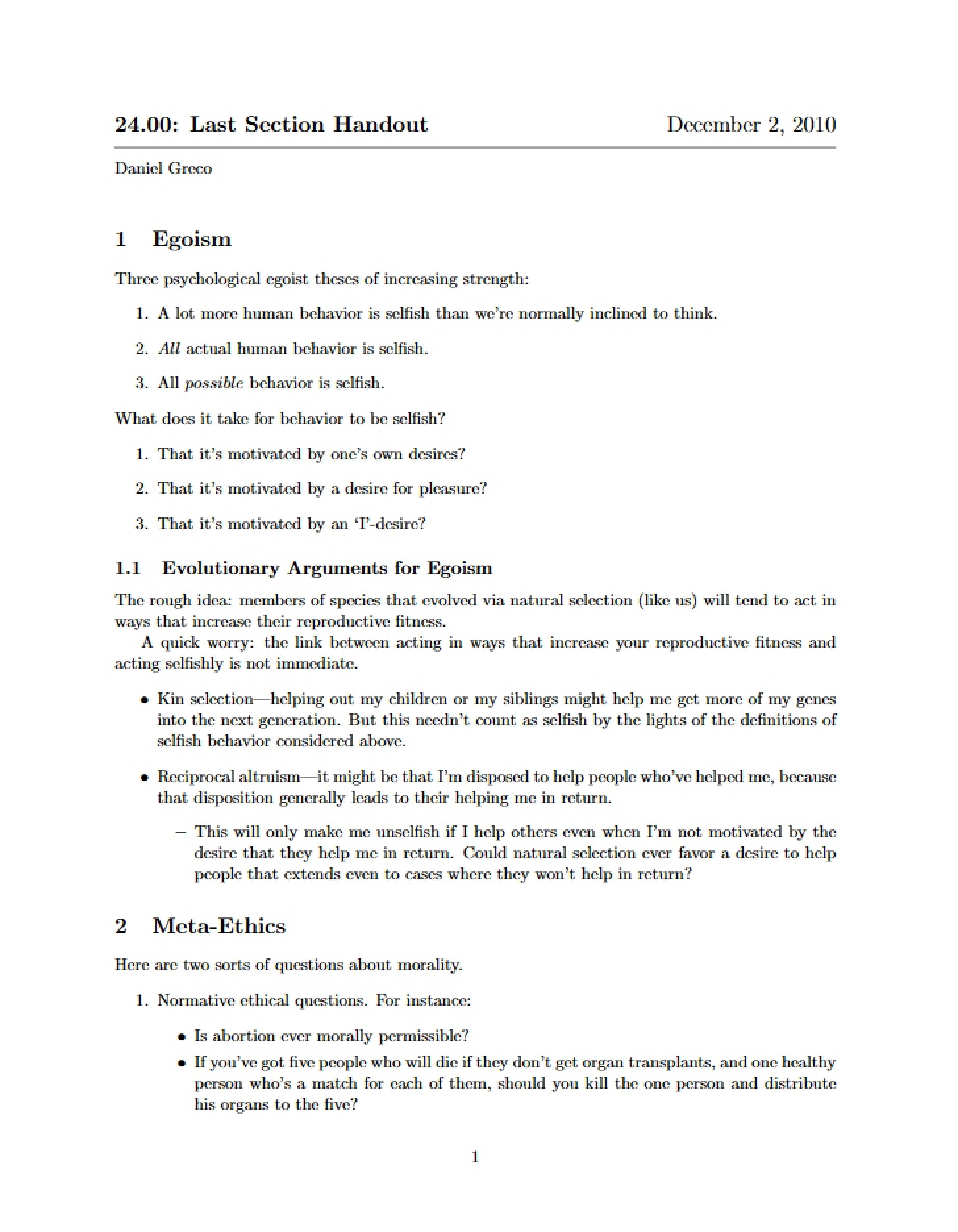 Handout for Final Section