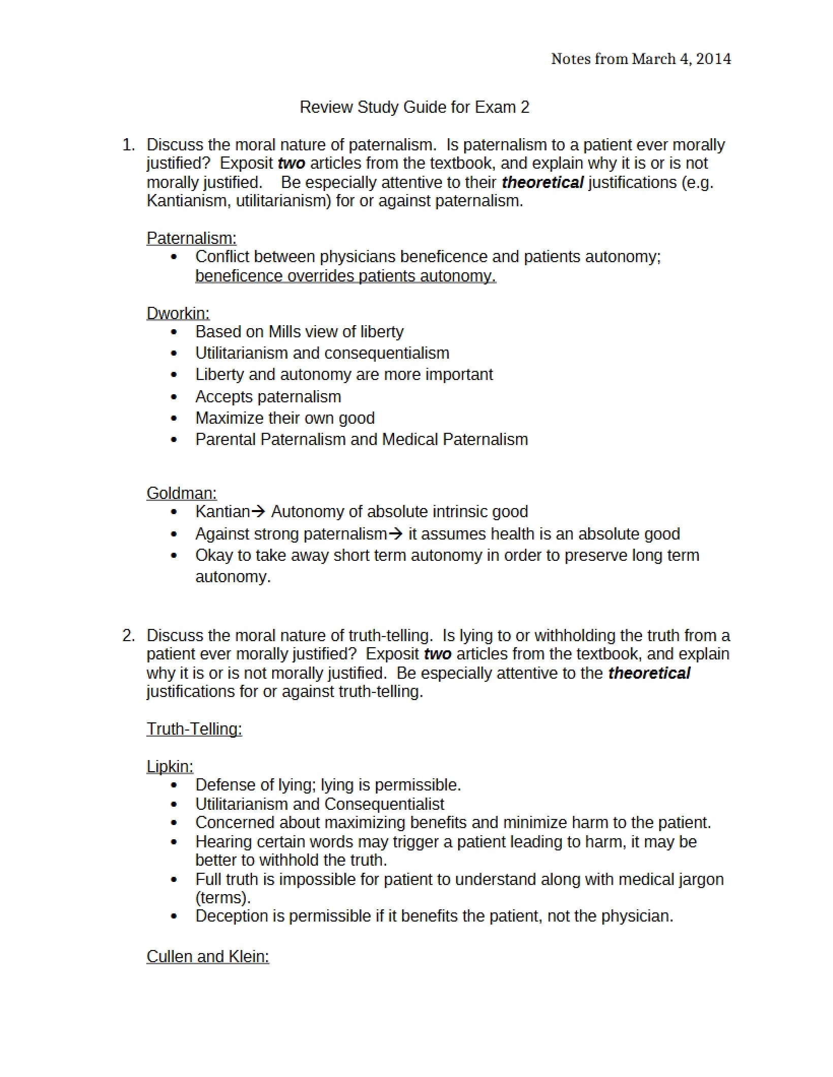 Second Exam Health Care Ethics