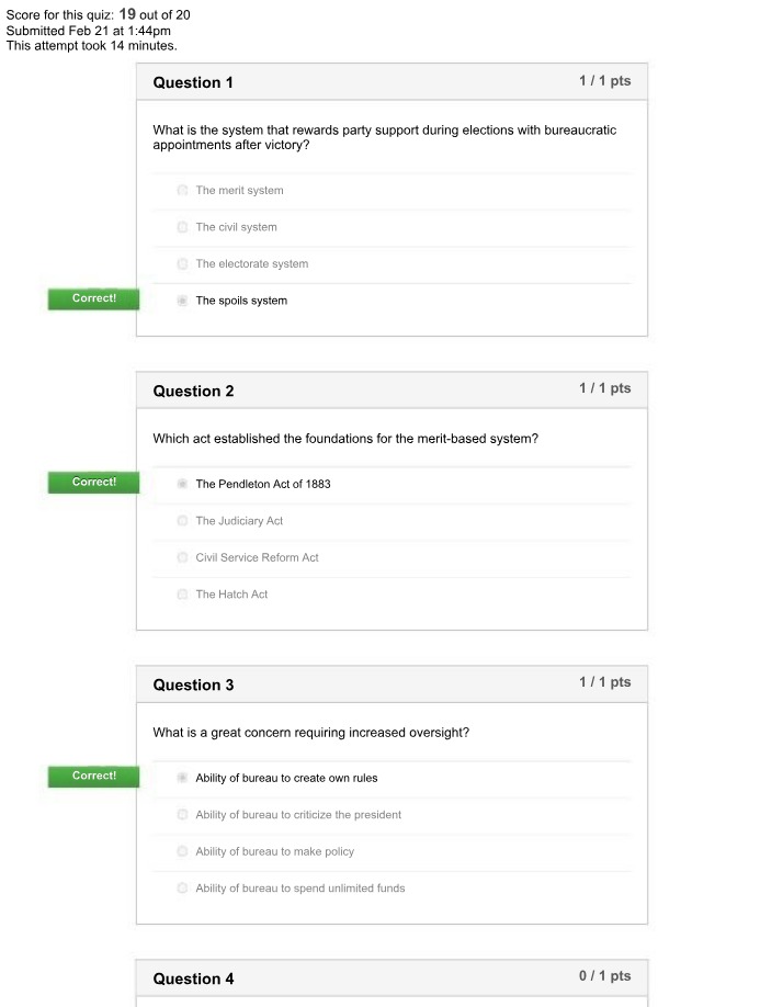 Quiz on Merit System, Spoils System, and Party Rewards
