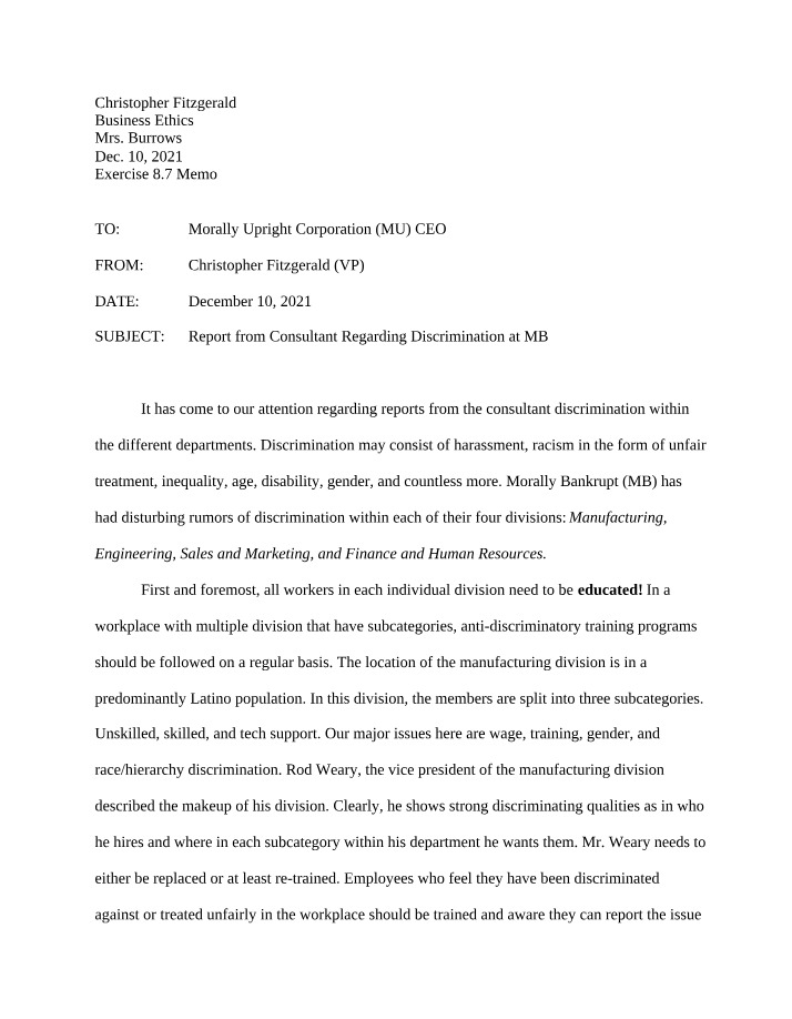 Workplace Memo - Addressing Discrimination and Equality