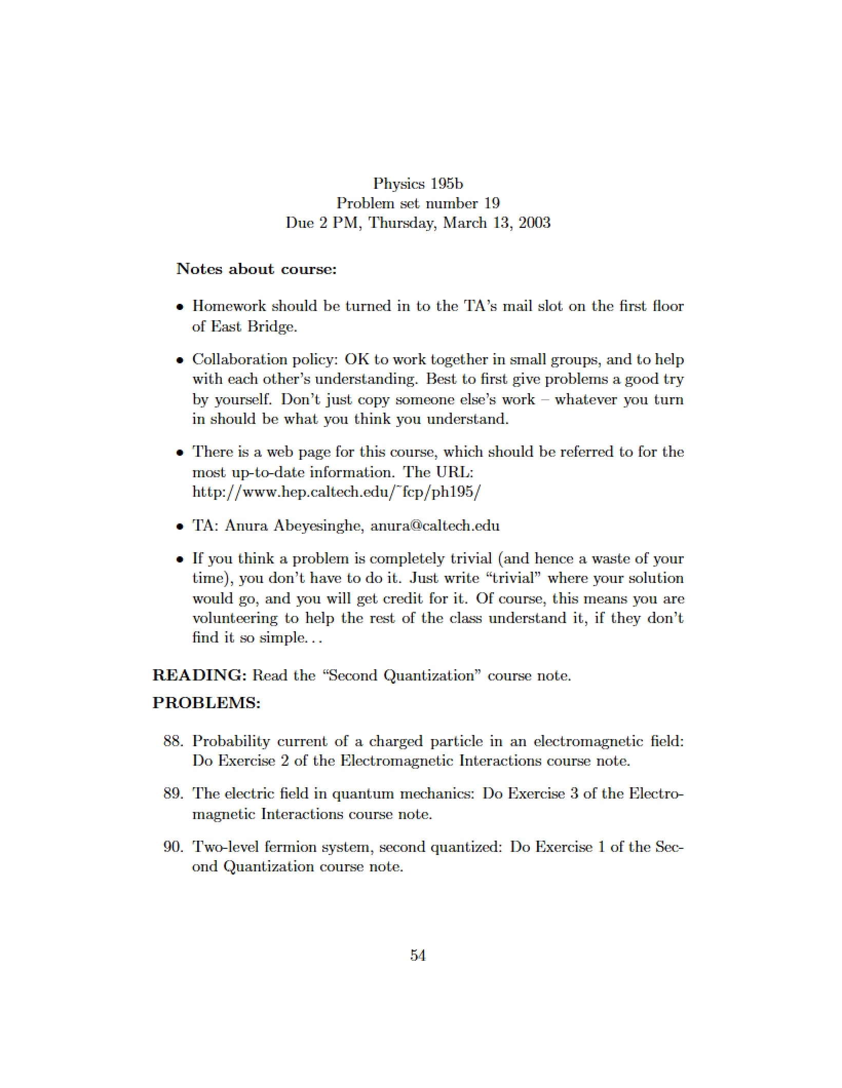 Nineteenth Problem Set