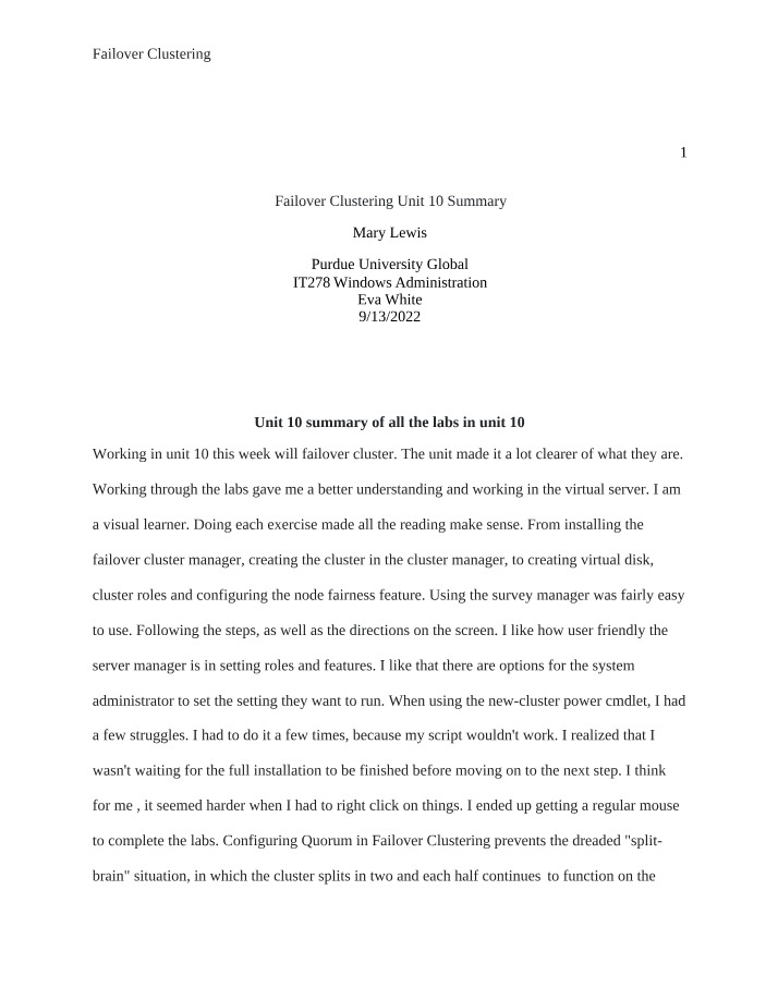 Unit 10 Summary - Failover Clustering