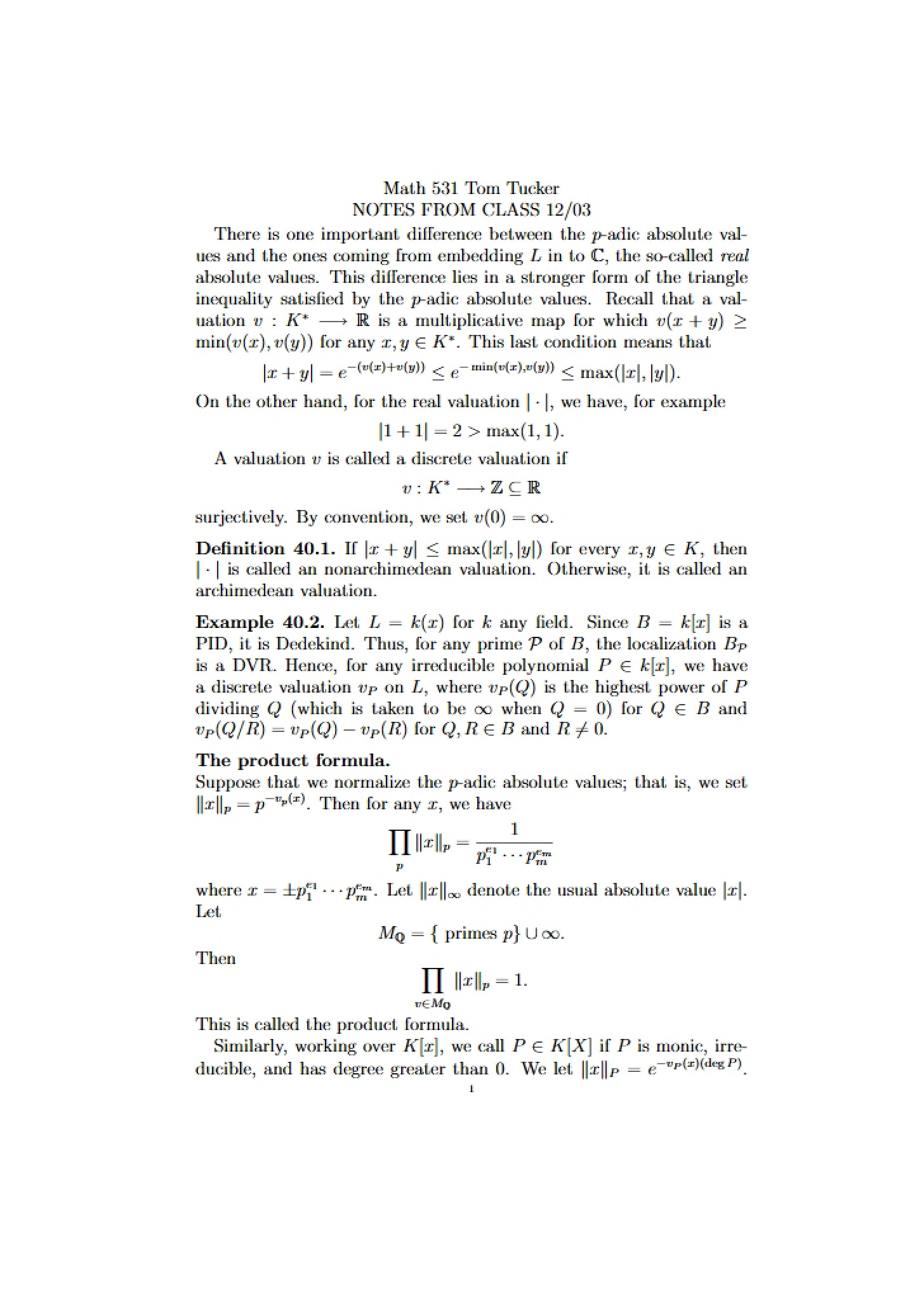 Notes from Dec 03 Class (Math 531)
