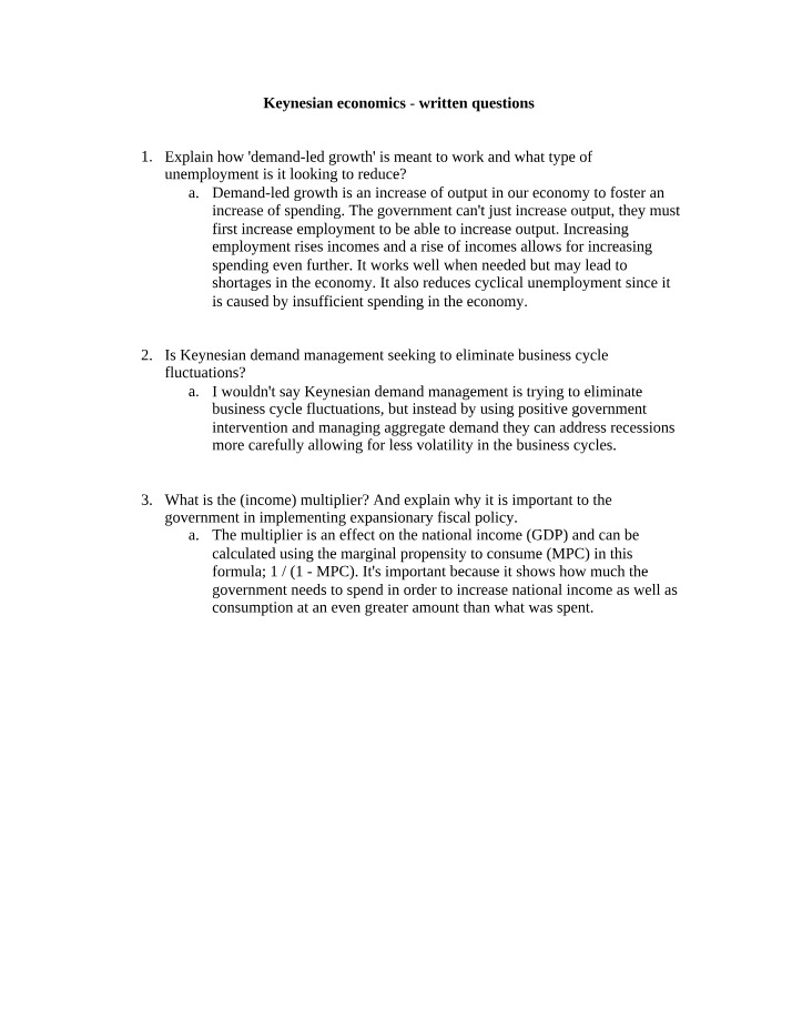 Written Questions on Keynesian Economics