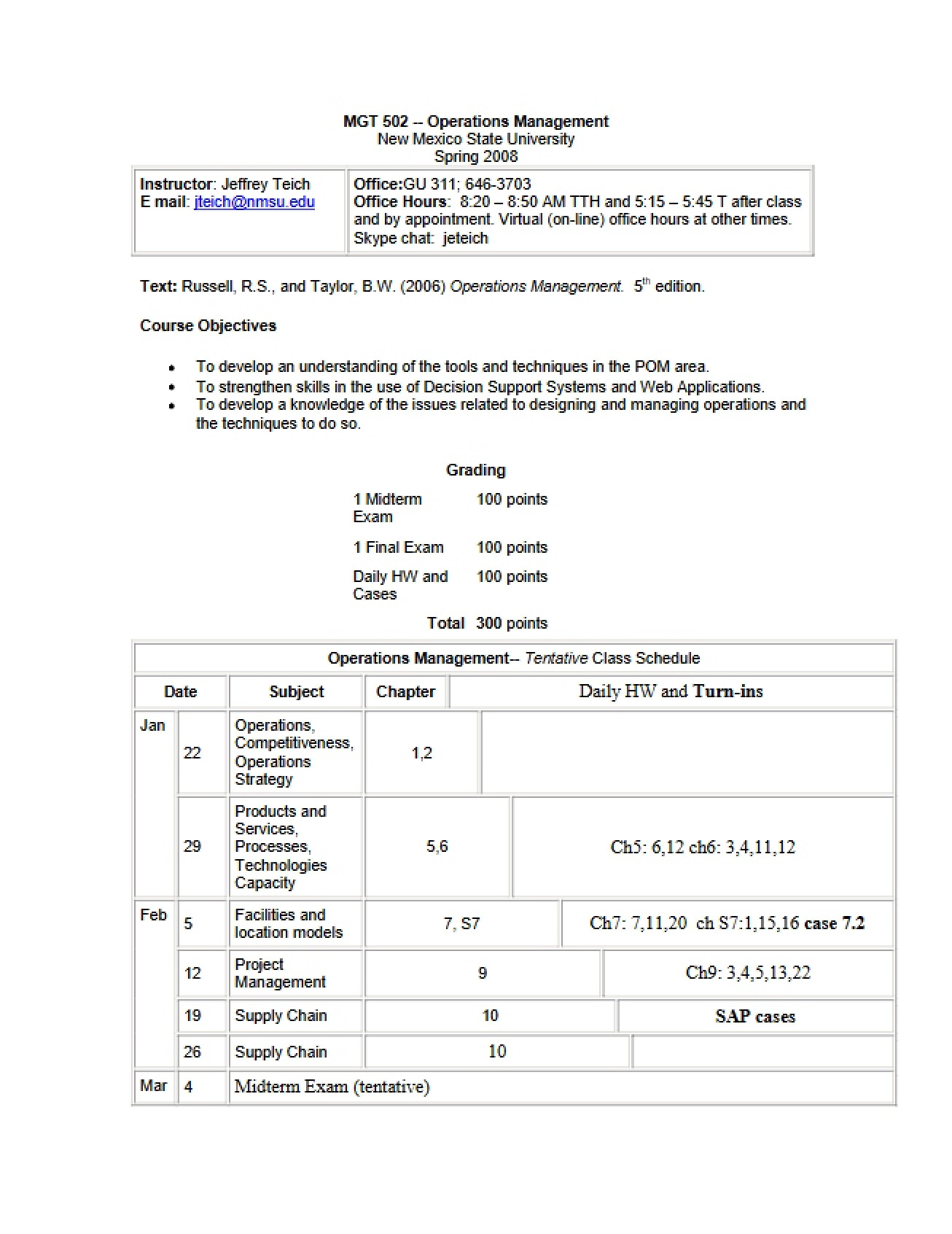 Operations Management Syllabus - Spring 2008 - Teich
