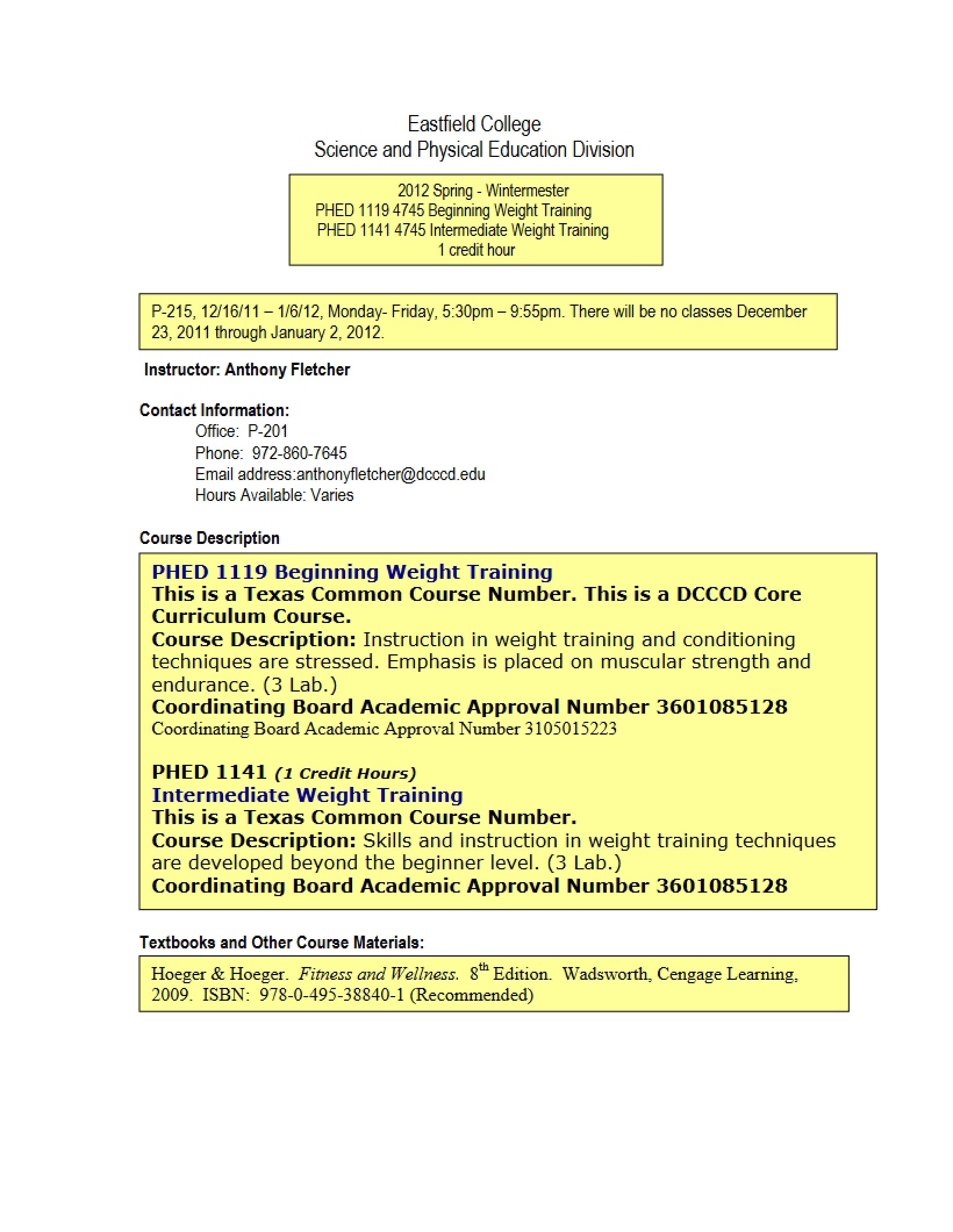 Syllabus for Beginning Weight Training - PHED 1119