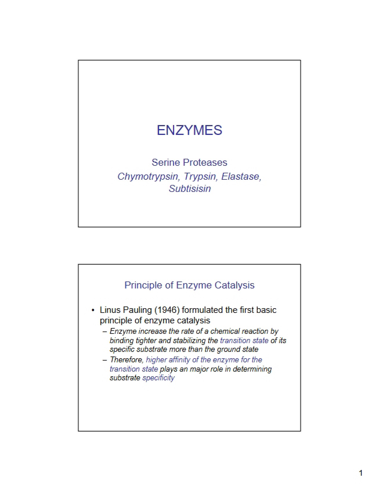 Lecture Notes on the Subject of Serine Proteases
