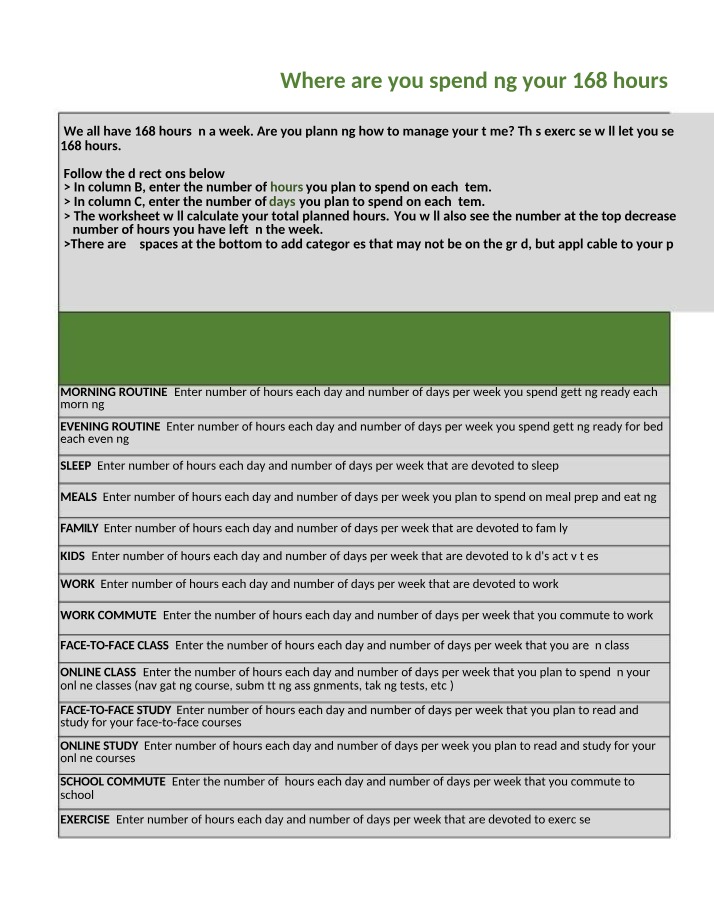 Worksheet - 168 Planning