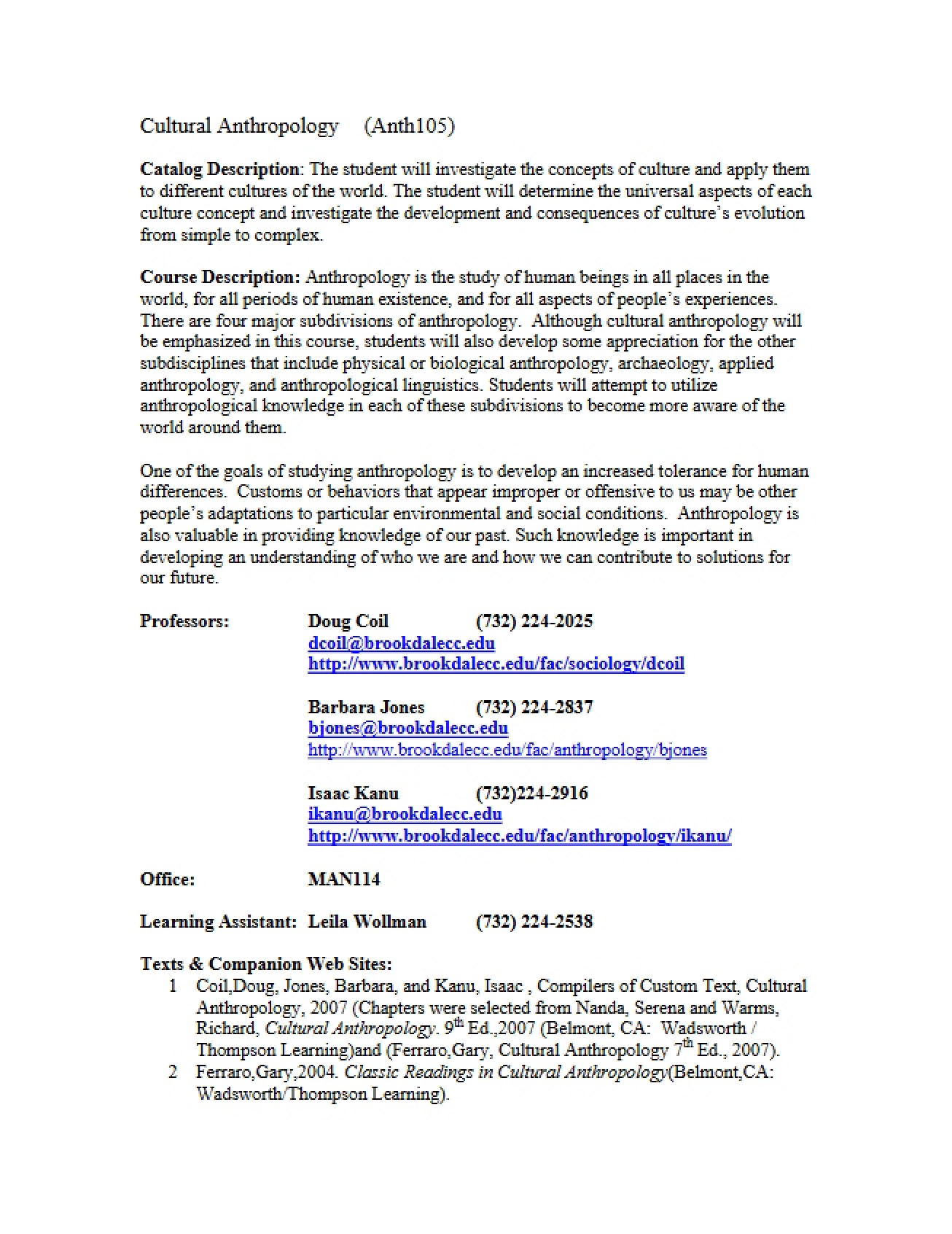 Syllabus for Cultural Anthropology