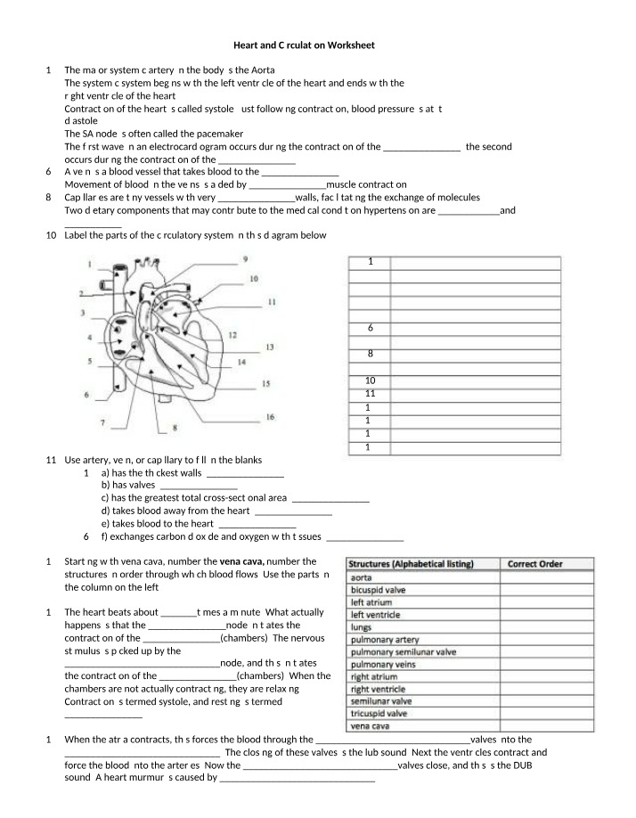 Worksheet on Heart and Circulation