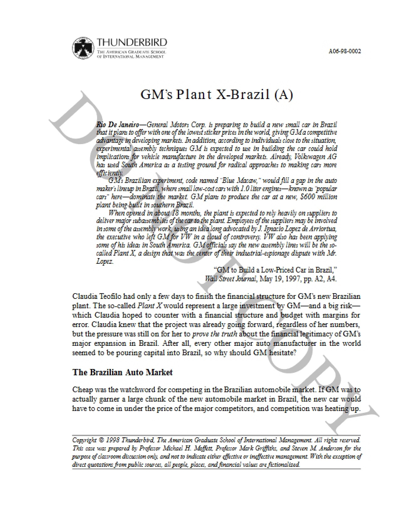 Plant X-Brazil General Motors (Case A)
