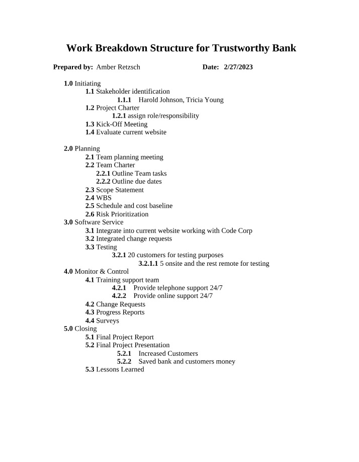 Work Breakdown Structure for Trustworthy Bank