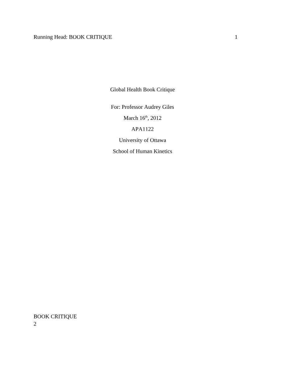 Book Critique for Global Health