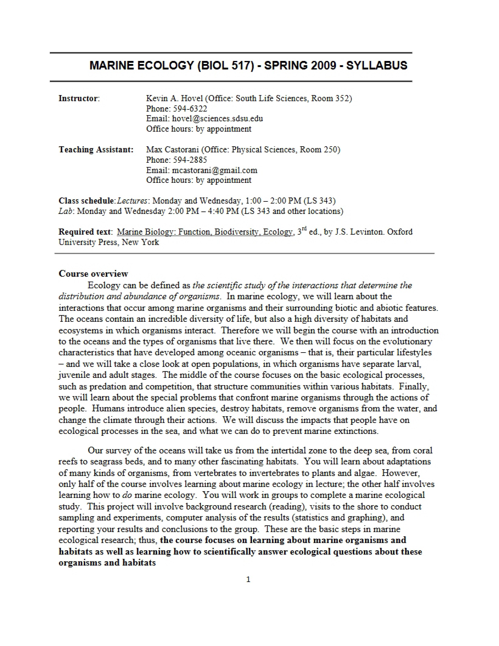 Course Syllabus Marine Ecology