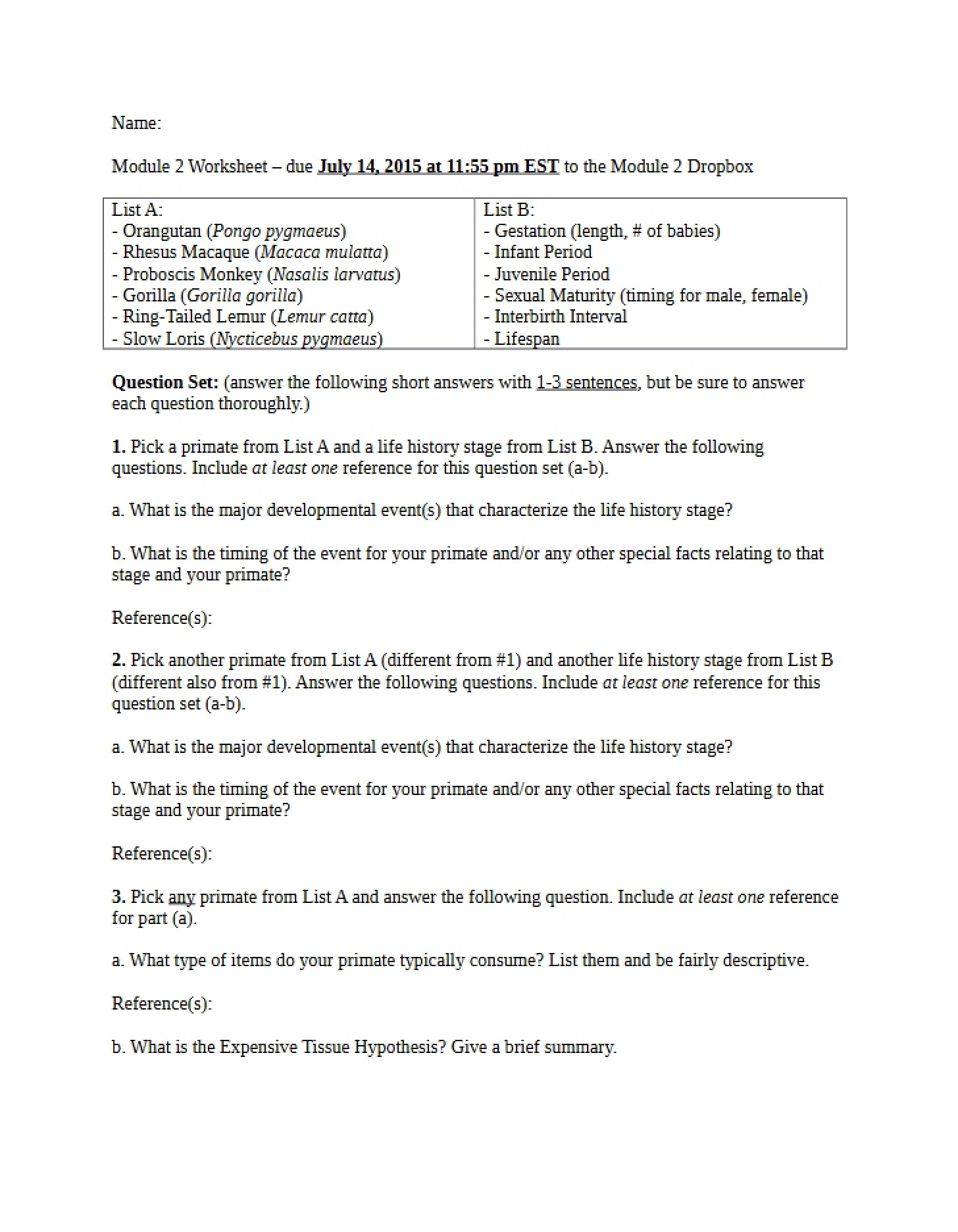 Worksheet for Module 2