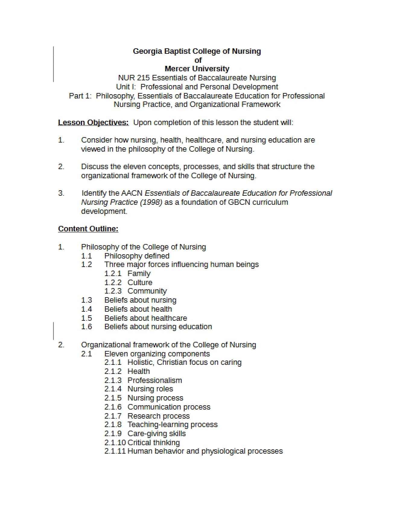 Essentials of Baccalaureate Nursing Outline
