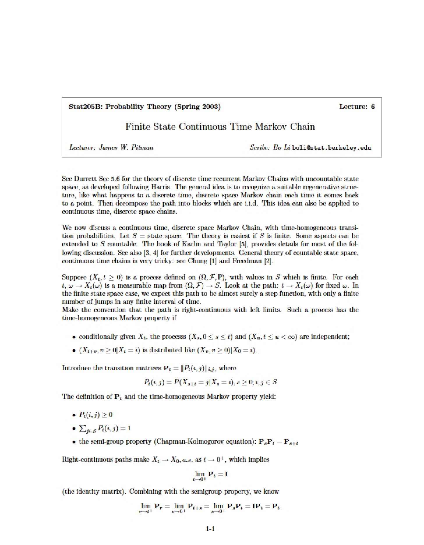 Continuous Time Markov Chains with Finite States