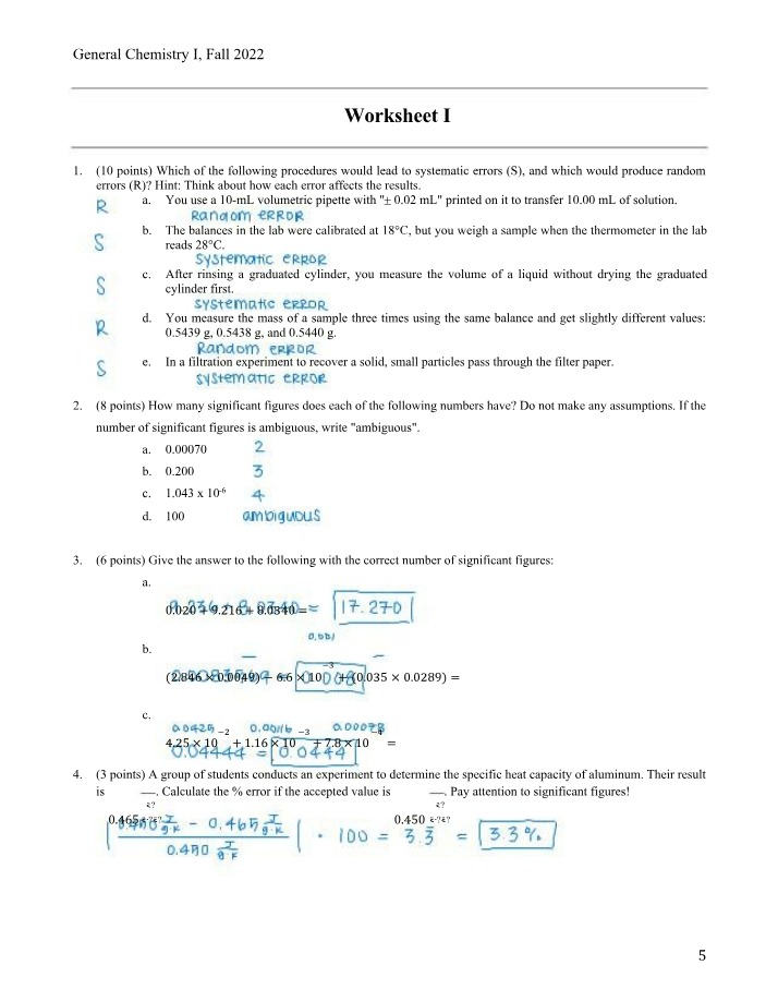 Worksheets I-IV - General Chemistry I, Fall 2022
