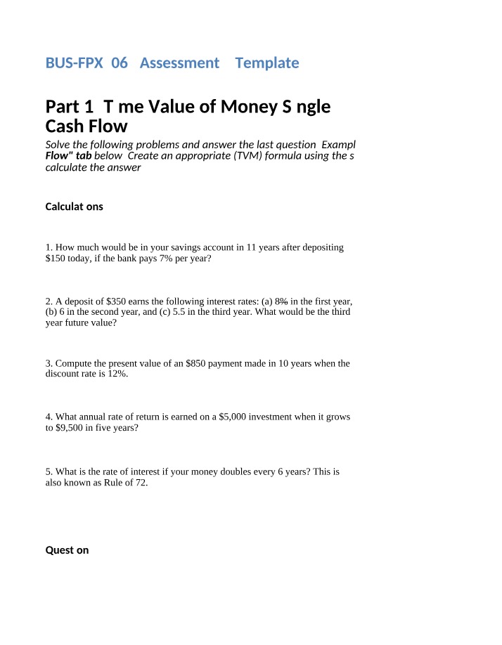 Time Value of Money Practice Problems - BUS3062 Fundamentals of Finance