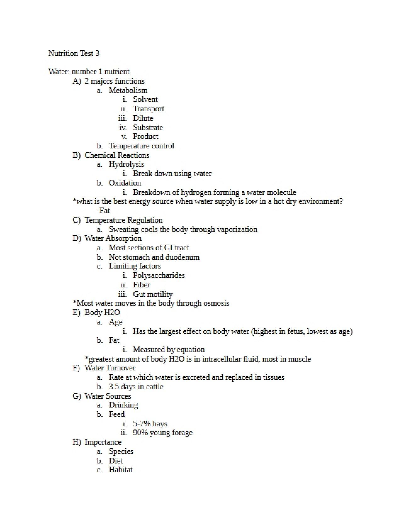 Study Guide for Nutrition Test Three