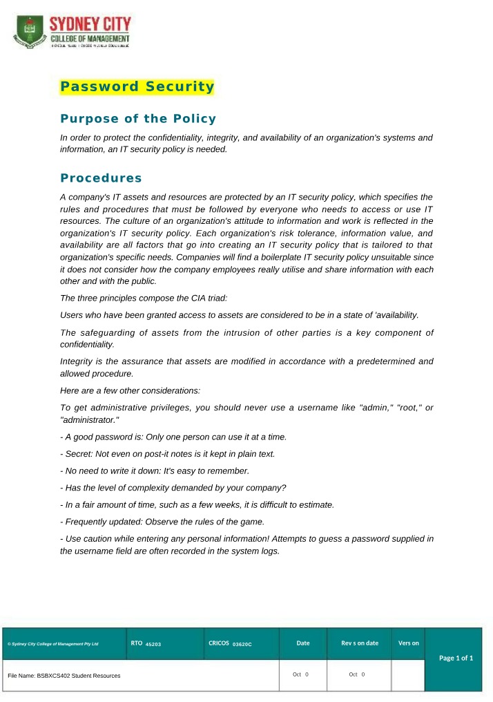 Security Policy and Procedures for Passwords