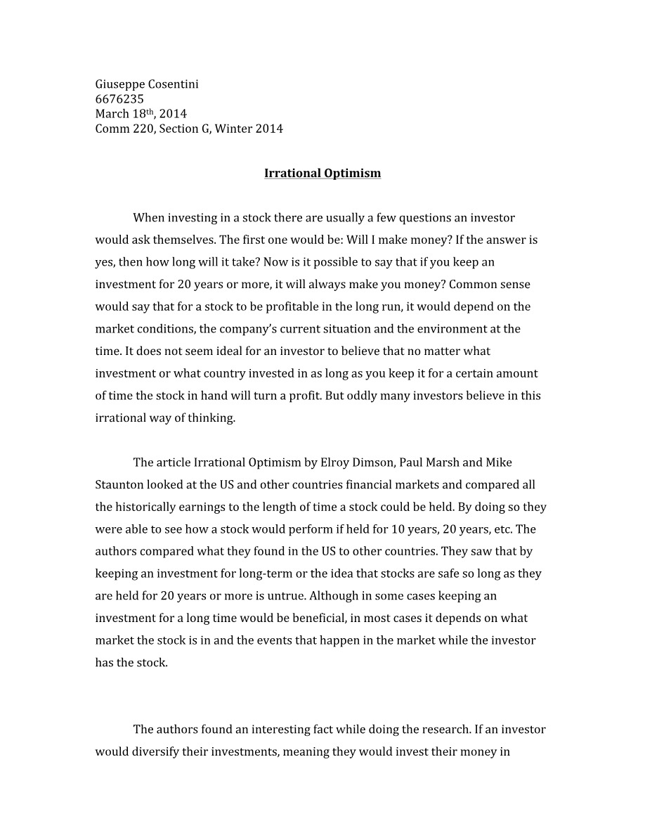 Essay on Irrational Optimism - COMM 220