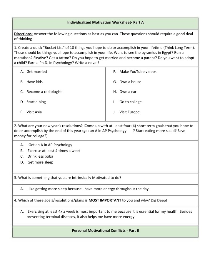 Worksheet for Individualized Motivation