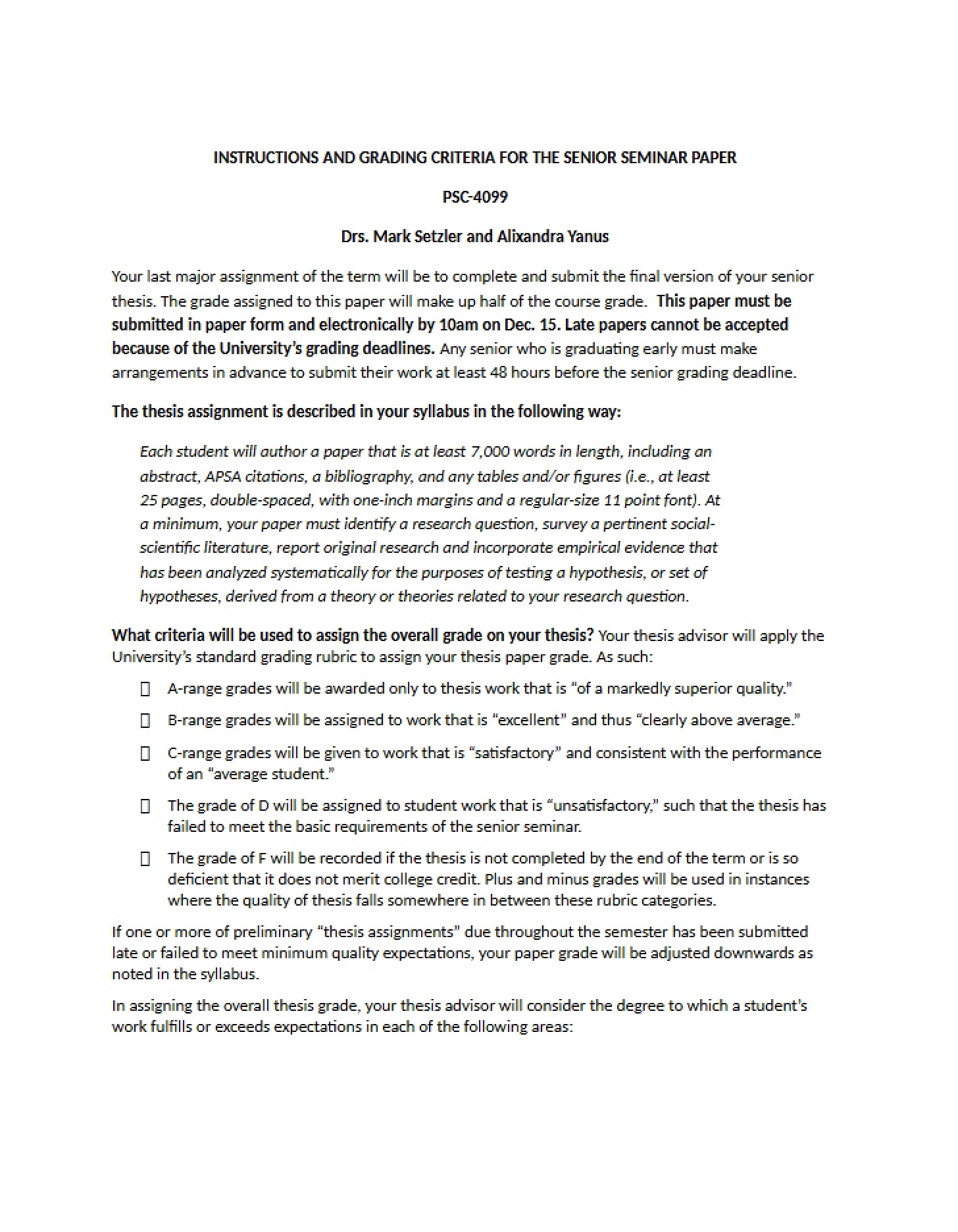 Senior Seminar Paper Grading and Instructions