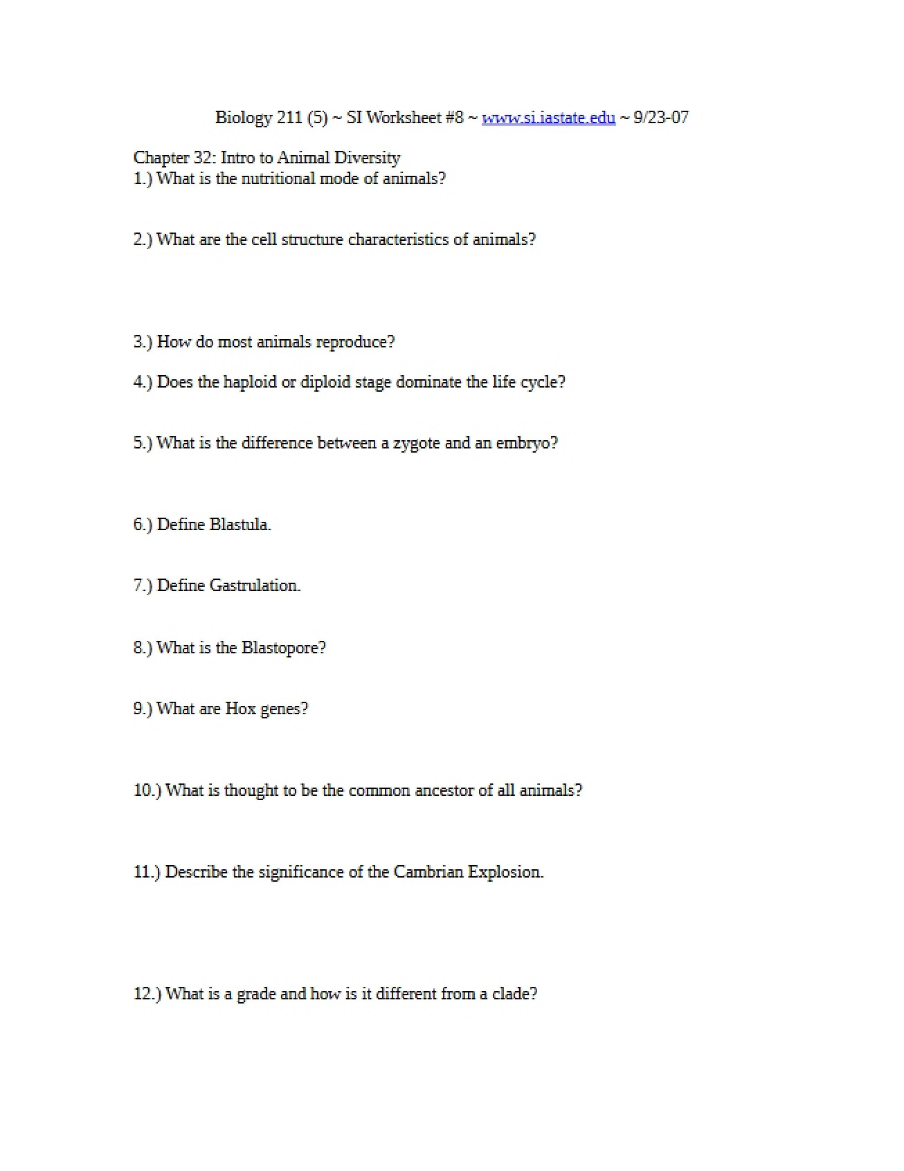 Eighth Worksheet for Biology from 2007