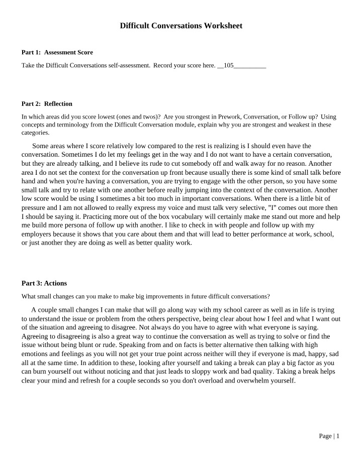 Worksheet for Difficult Conversations