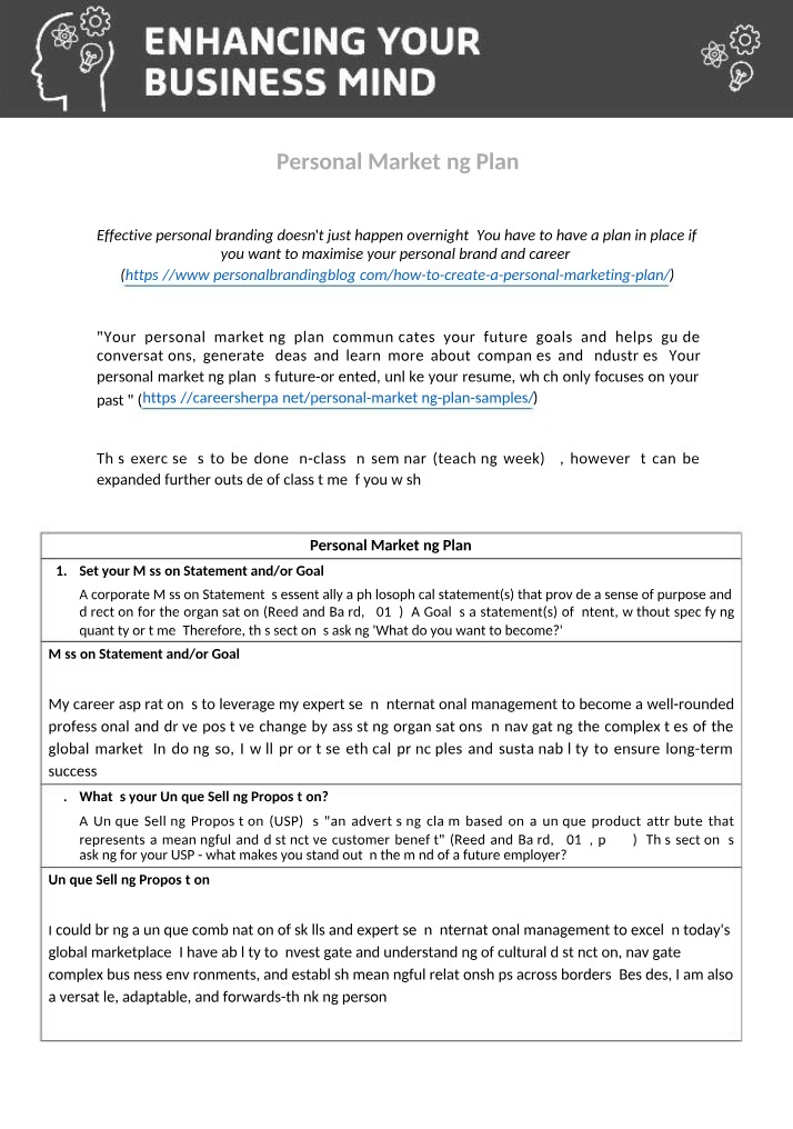 Personal Marketing Plan for EYBM