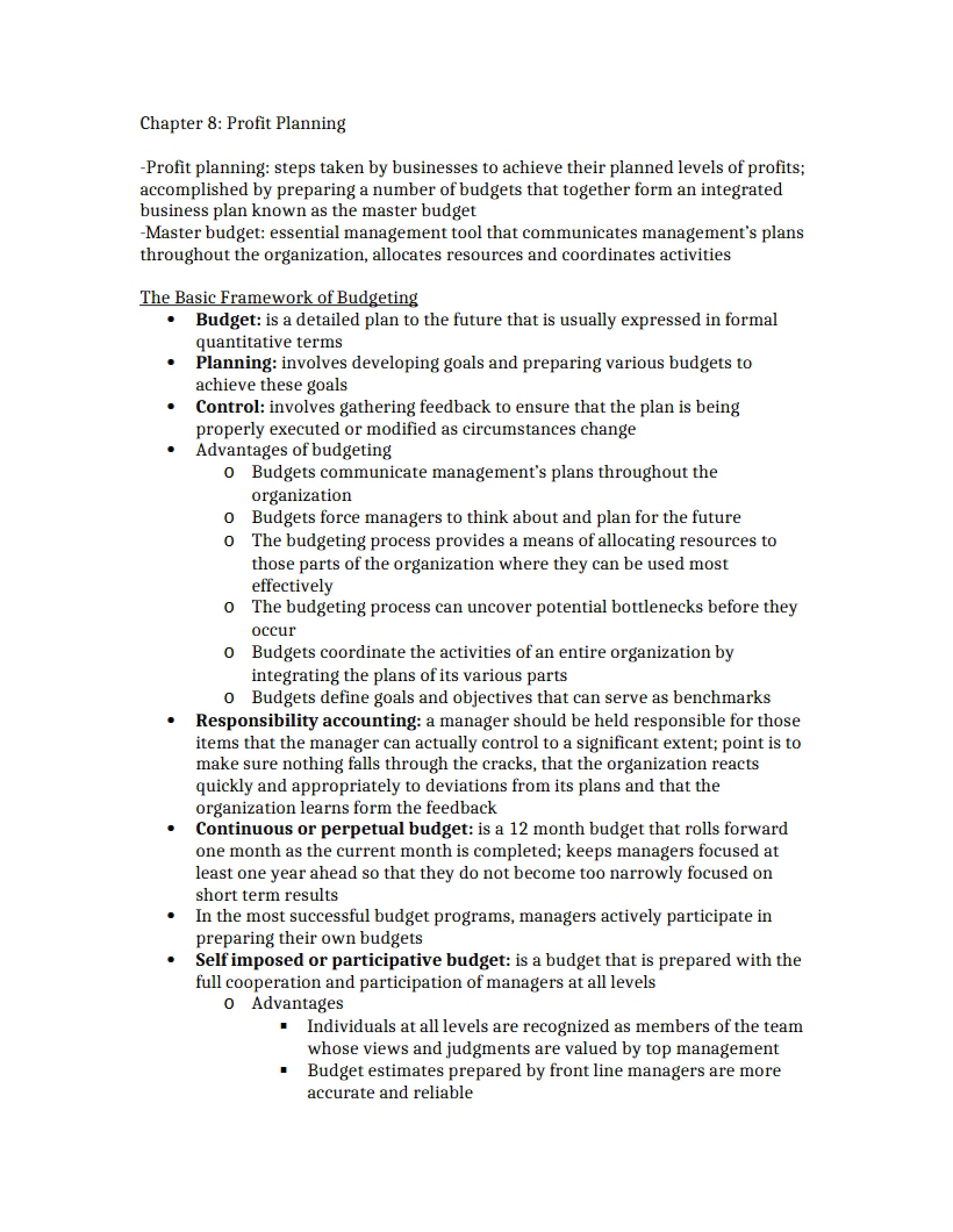 Planning for Profit (Chapter 8)