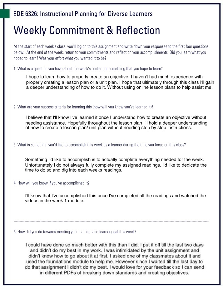 Weekly Reflection and Commitment