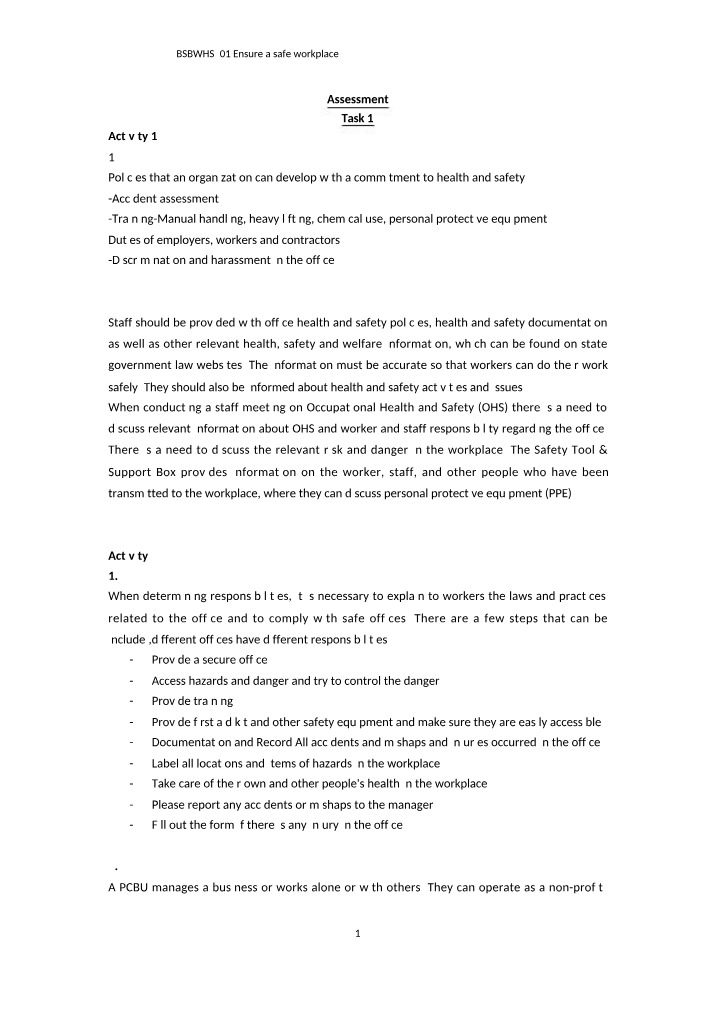 Assessment Task 1 - BSBWHS501 Ensure a Safe Workplace