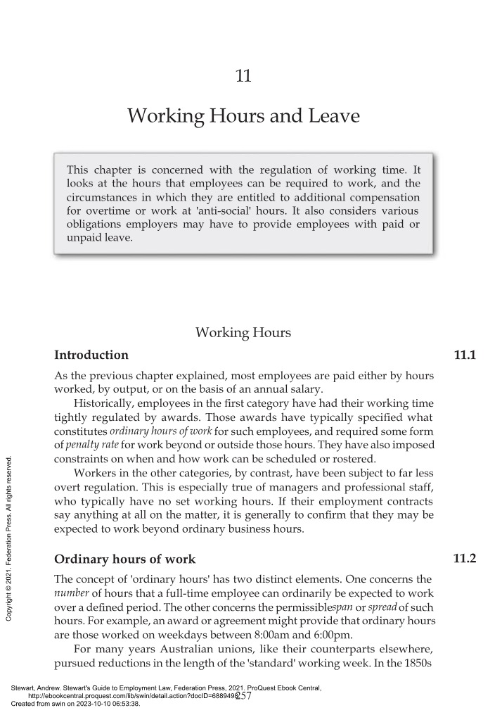 Working Hours and Leave - Stewart's Guide to Employment Law