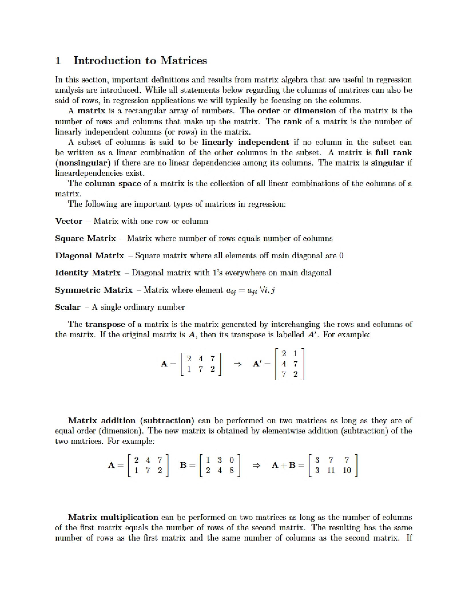 Matrix Algebra for Regression