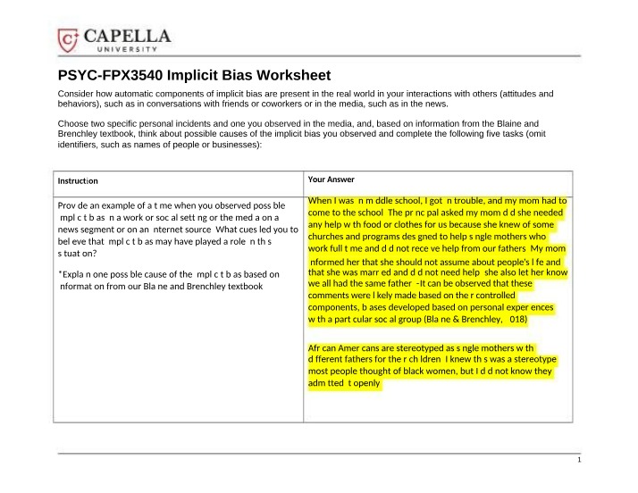 Implicit Bias Worksheet Version A