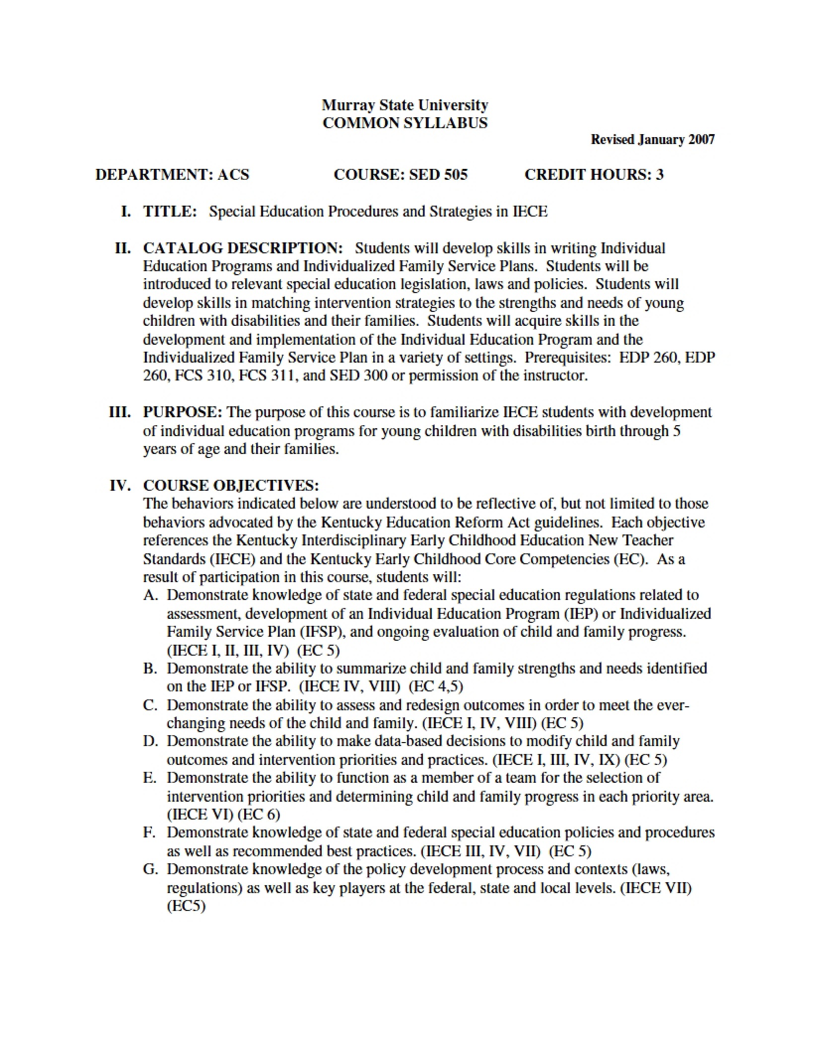 Syllabus - Special Education Procedures and Strategies in IECE