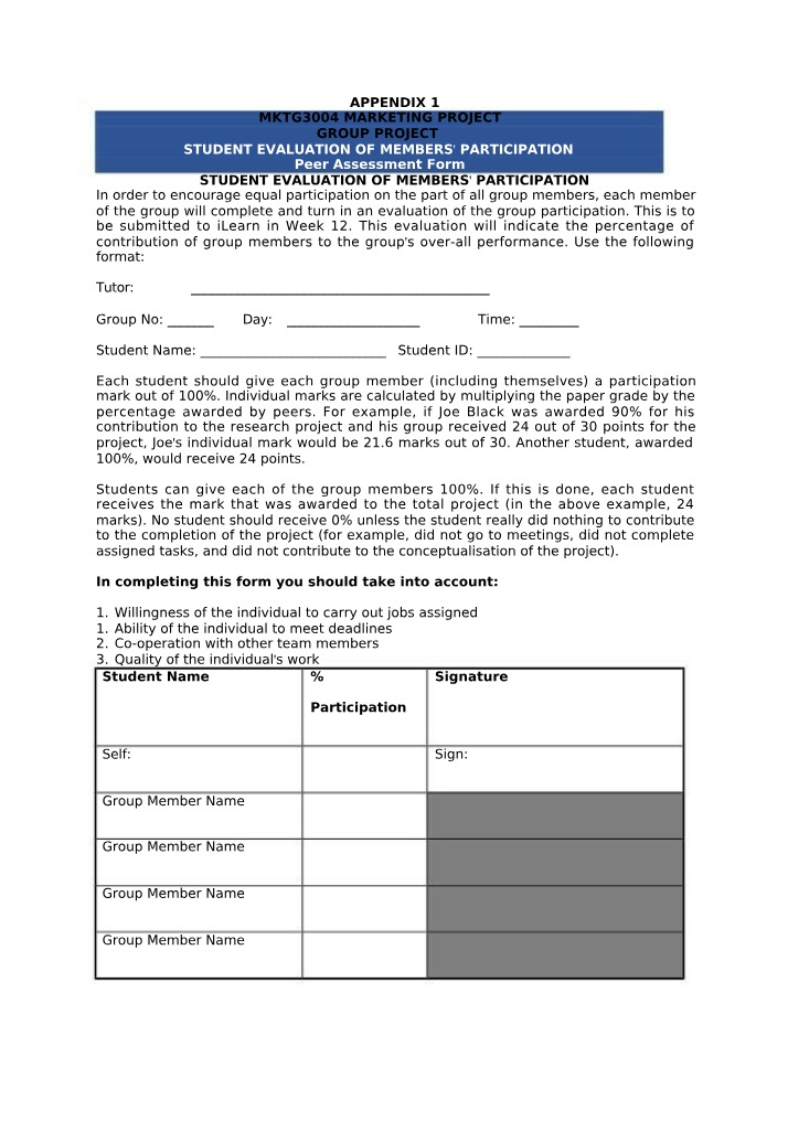Form for Peer Assessment