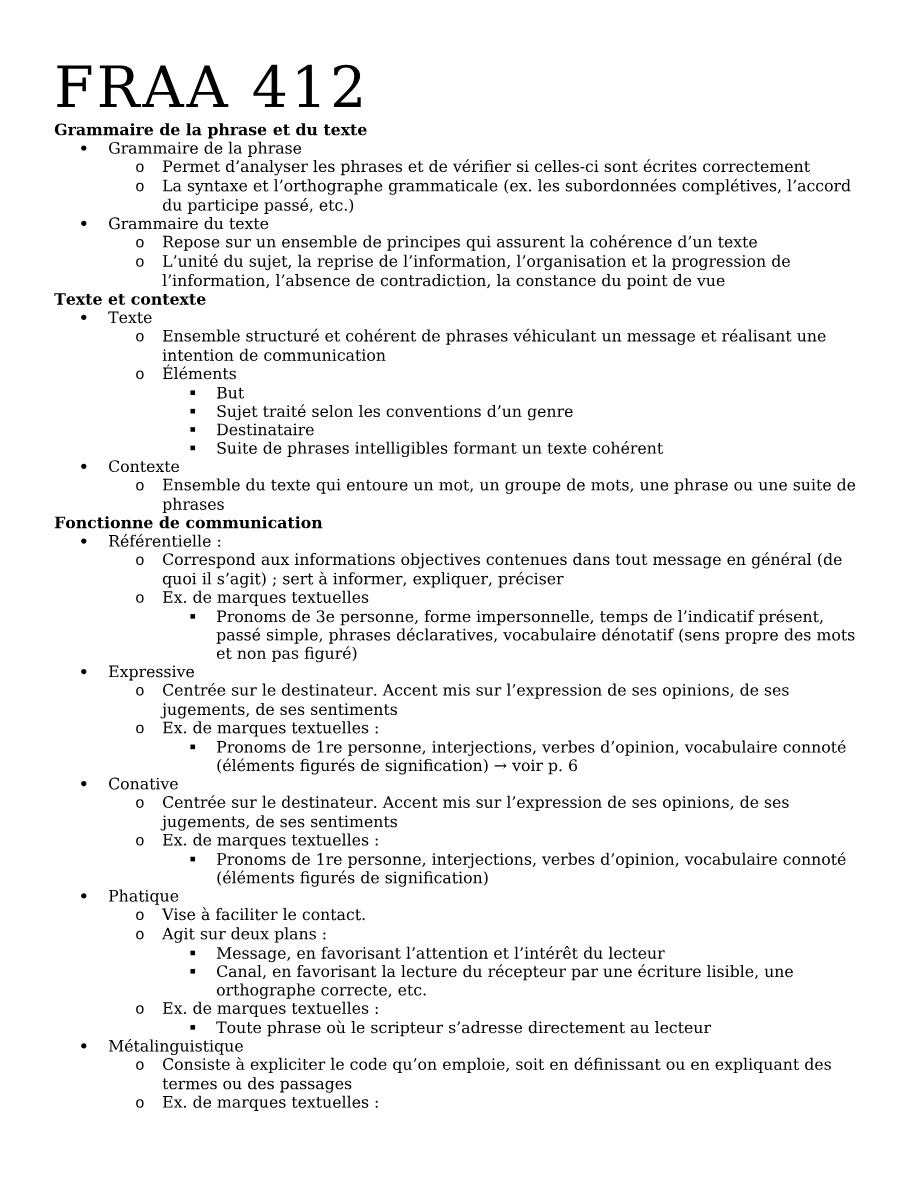 FRAA 412 - Sentence and Text Grammar