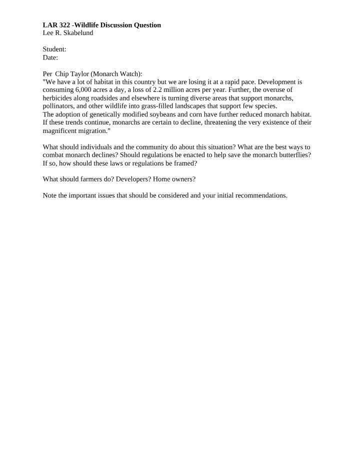 Wildlife Discussion Question (LAR 322)