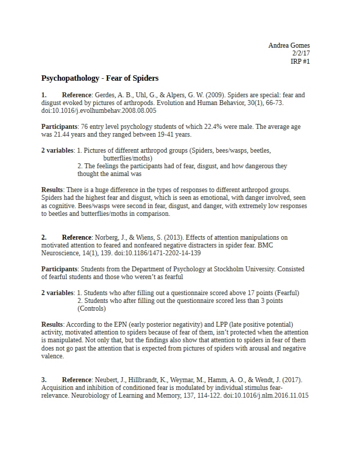 Fear of Spiders Psychopathology