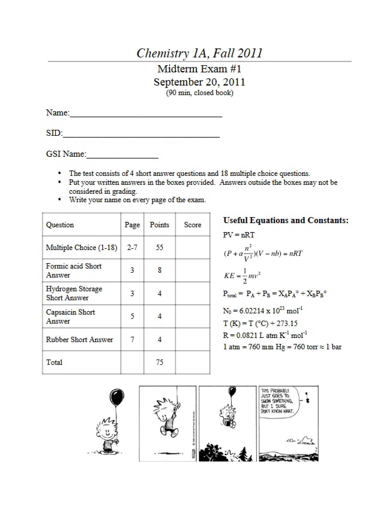 2011 General Chemistry Midterm I (Stacy)