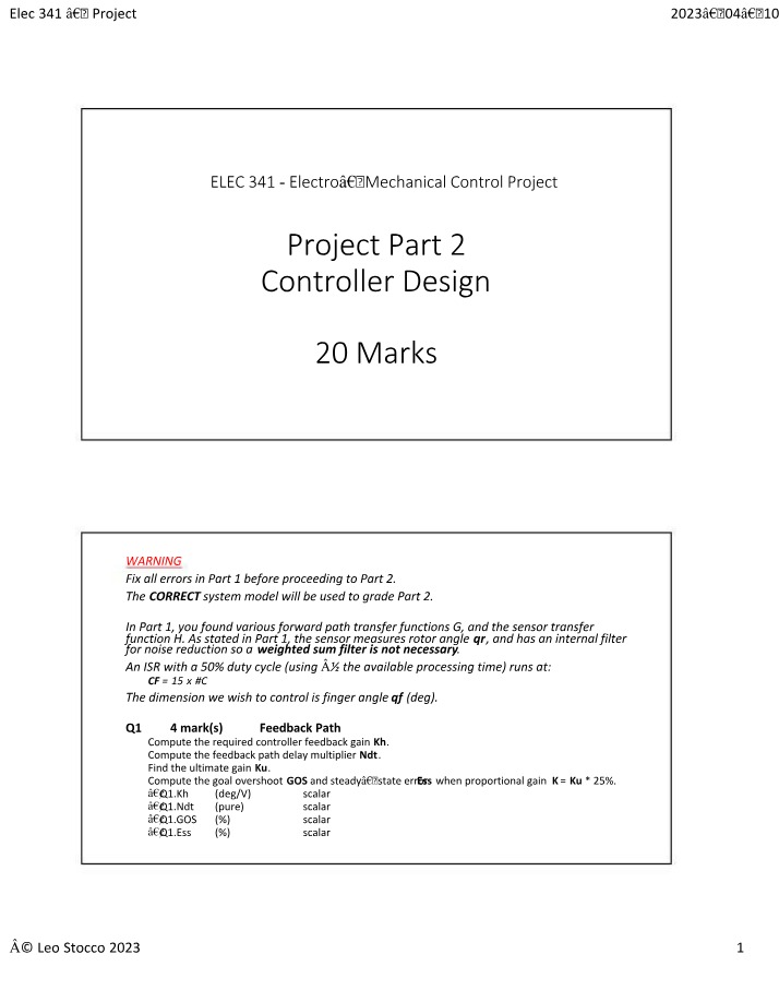 Electro-Mechanical Control Project - Controller Design